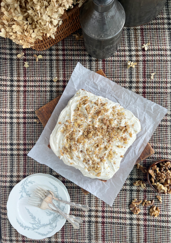 spiced zucchini cake with cream cheese frosting.
