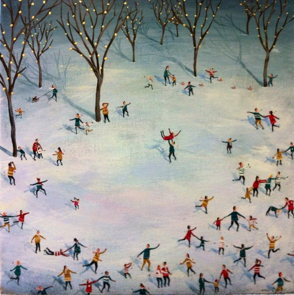 Painting of a pond of skaters. 