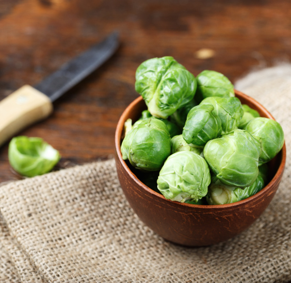 fall-fruits-and-vegetables, Bowl of Brussel sprouts and a knife.