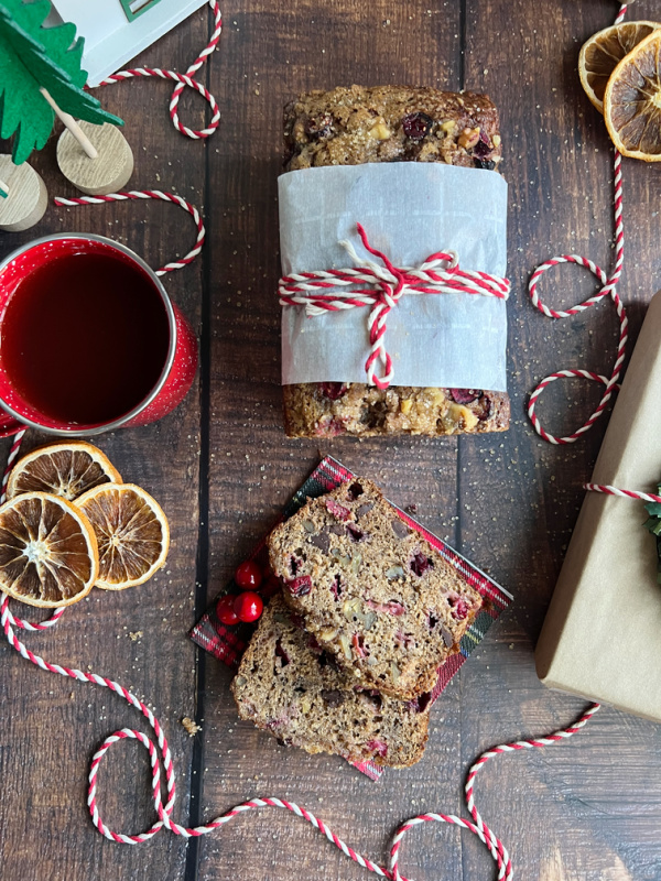 Cranberry apple bread sliced.