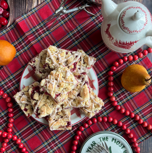 Cranberry pear bars and a holiday teapot.
