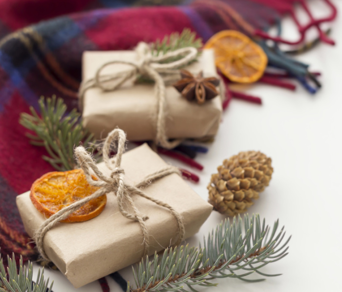 Brown wrapped christmas gifts and packages.