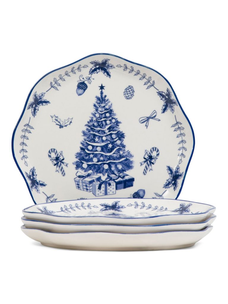 blue and white plates with trees. 