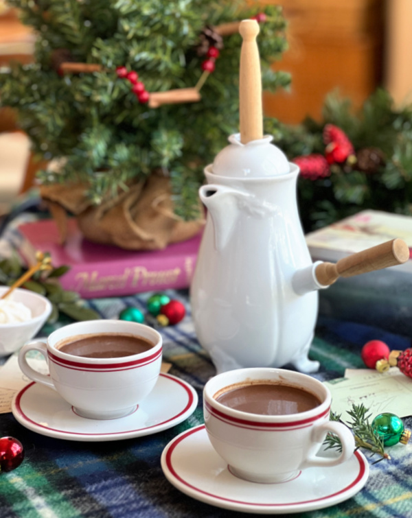 hot chocolate in two cups with a chocolate pot.