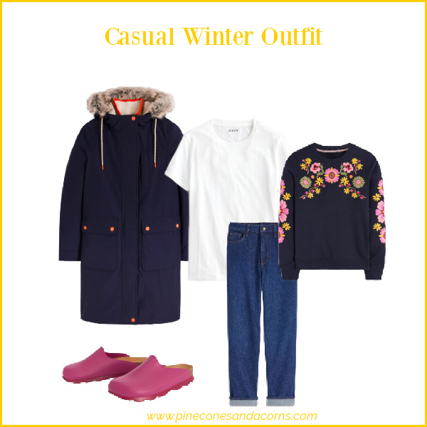 Winter outfit with blue parka, white t-shirt, blue sweatshirt with flowers, jeans and a pair of pink clogs.