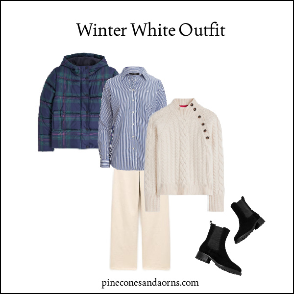 winter white outfit with plaid jacket.