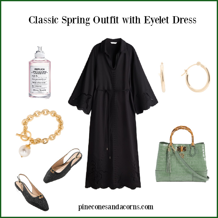 Spring Eyelet dress collage with green leather bag, gold pearl bracelet and earrings and black slingback sandals and perfume.