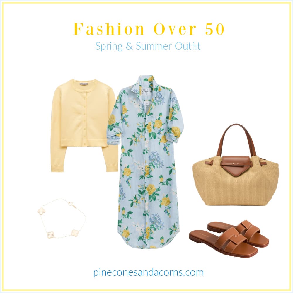 fashion over 50 spring and summer linen dress, sandals, tote and a bracelet. 