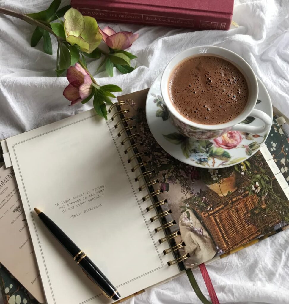 Homemade drinking chocolate in a flower cup sitting on an open book.