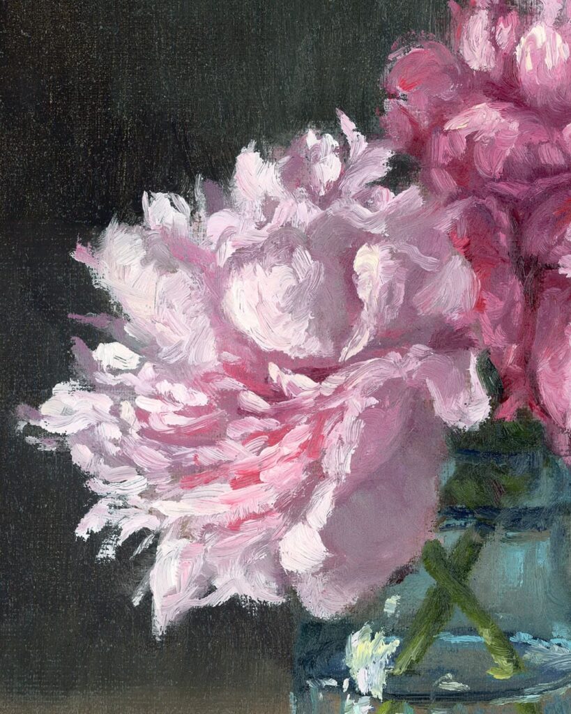 feeling invisible after 50 Elizabeth Floyd pink peonies painting closeup view of brushstrokes