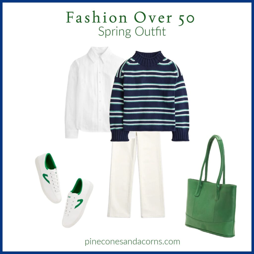 Fashion over 50 spring outfit green and blue stripe sweater with white jeans and a green bag