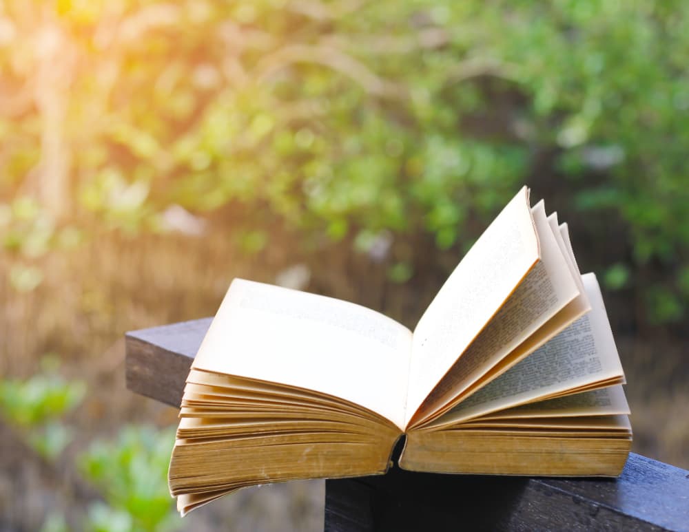 spring bucket list for women over 50~ open book on a porch in spring