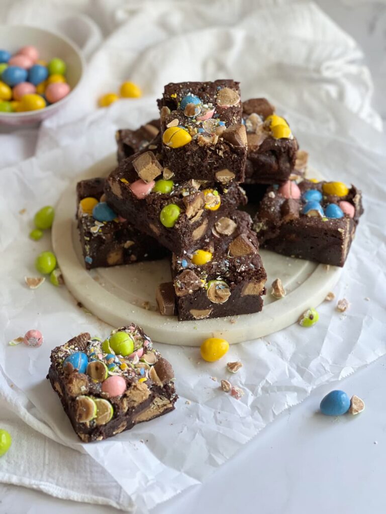 reeses-peanut-butter-cup-easter-brownies with Reeses pieces.