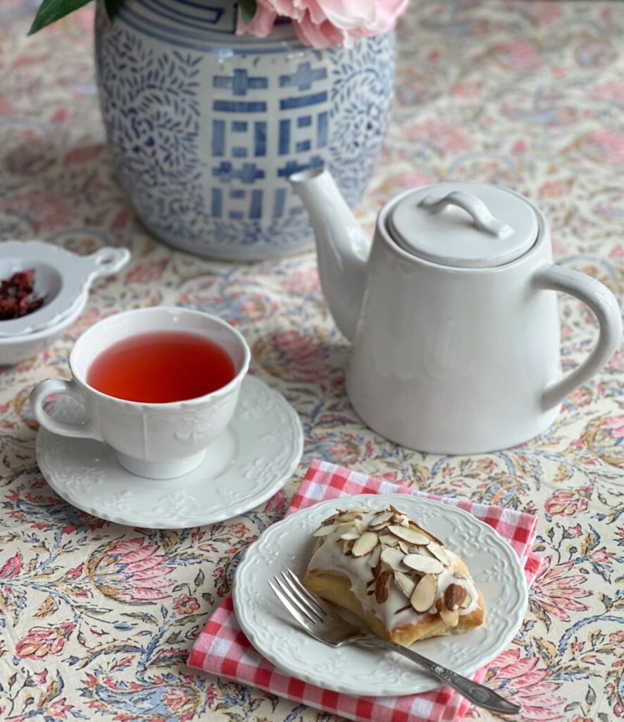 what women want for Mother’s Day — a beautiful breakfast for one with a pot of tea and a danish pastry