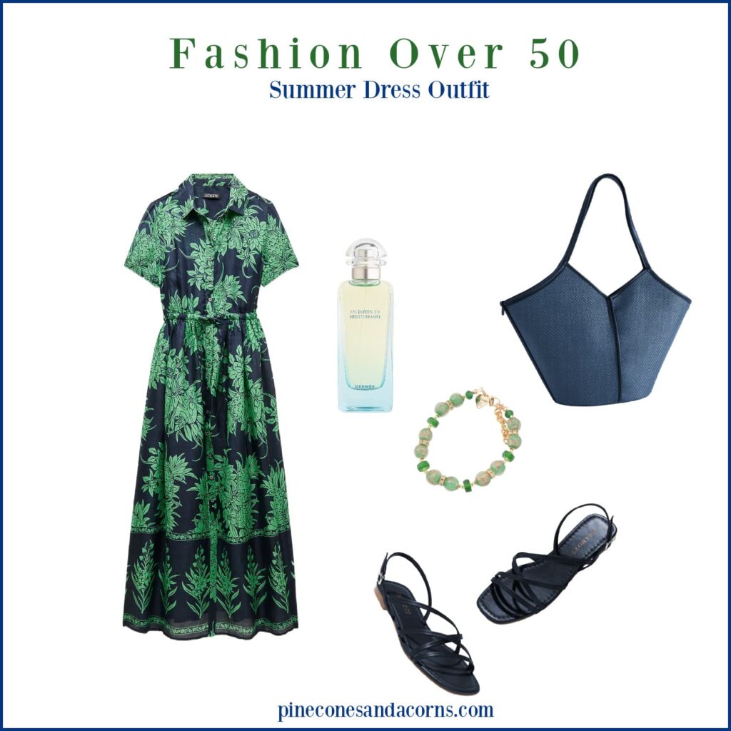 Monday Musings Fashion over 50 Summer Dress Outfit with a green and blue dress, navy sandals and bag, a green Murano glass beed bracelet and perfume.