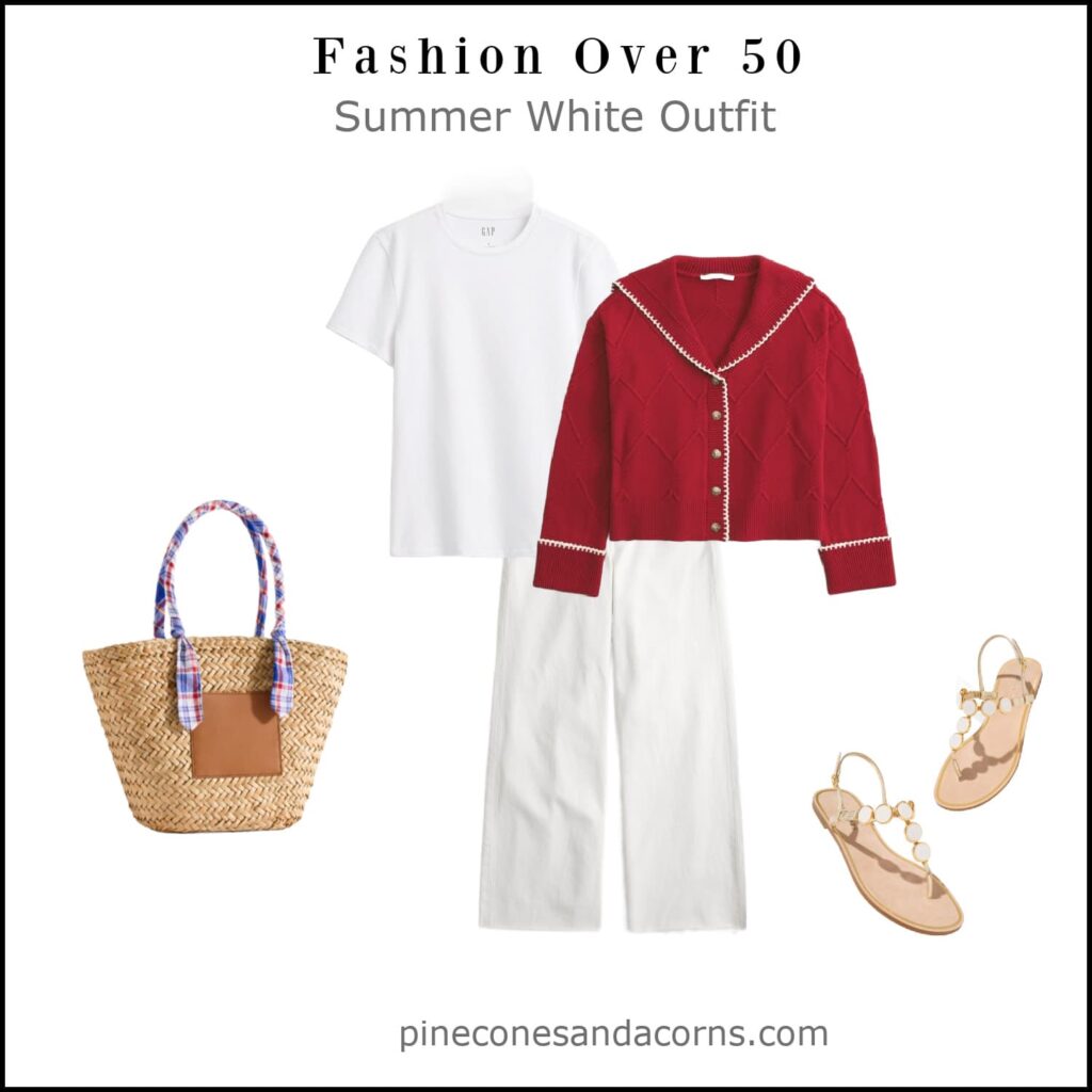 Fashion over 50 Summer White outfit with red sweater and wicker bag