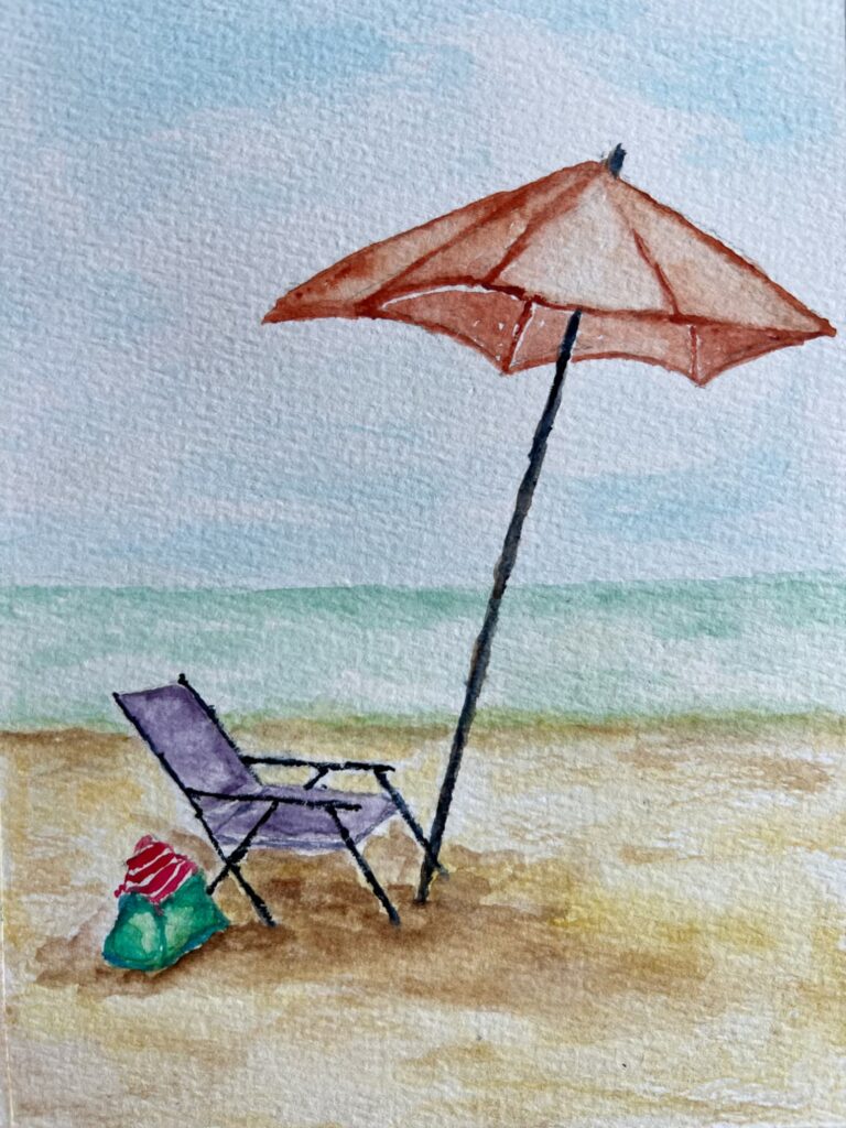 Watercolor painting of a beach chair and umbrella