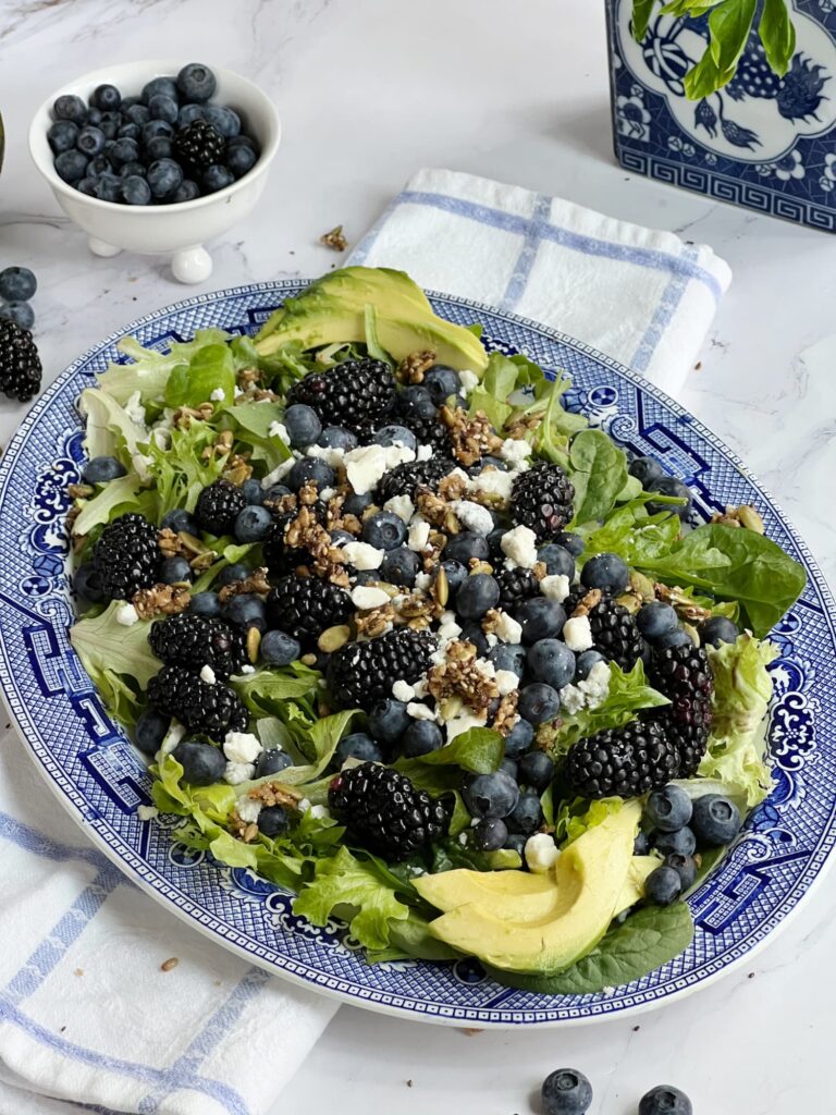 Blueberry Blackberry Salad on a blue and white transfer ware plate