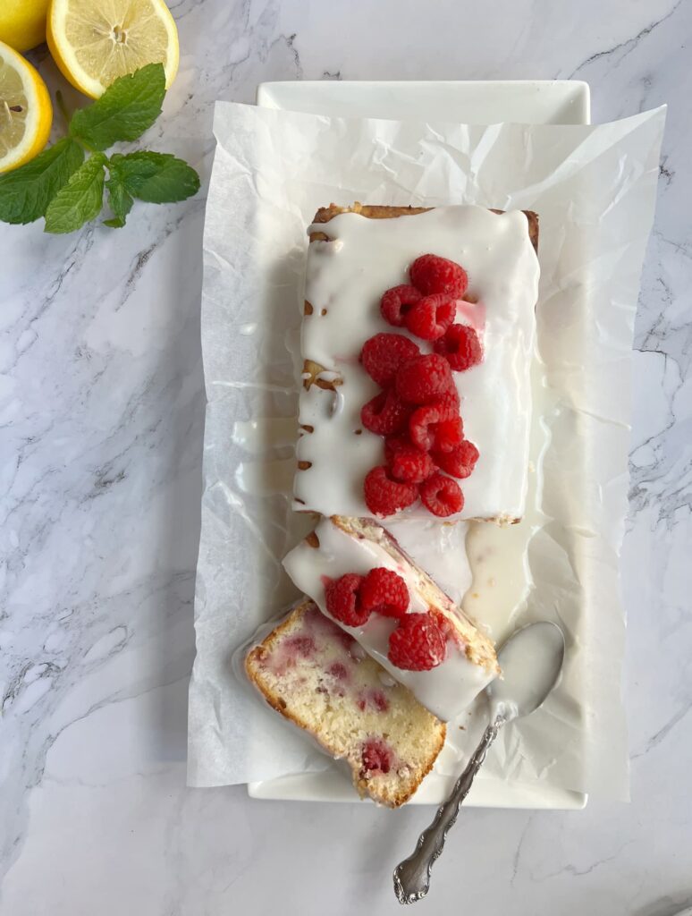 Raspberry lemon loaf cake with tangy lemon glaze