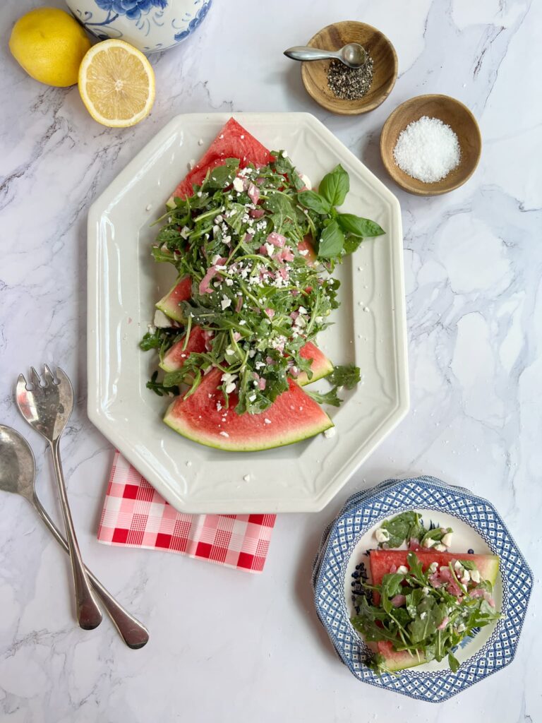 Watermelon Arugula Salad with Pickled Onions and Honey Lime Vinaigrette
