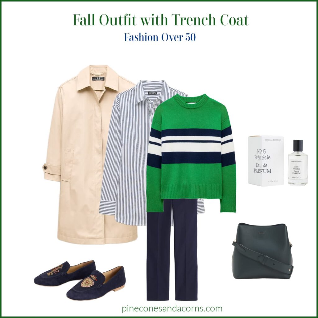 Friday Favorites Fashion over 50 Fall Trench coat outfit with blue embellished Boden loafers and a green and blue stripe cashmere jcrew sweater
