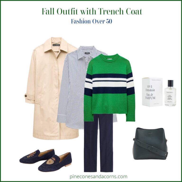 Friday Favorites Fashion over 50 Fall Trench coat outfit with blue embellished Boden loafers and a green and blue stripe cashmere jcrew sweater