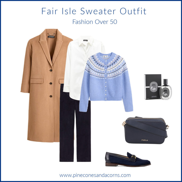Friday Favorites Outfit Fair Isle Sweater outfit Fashion over 50 with blue and white sweater